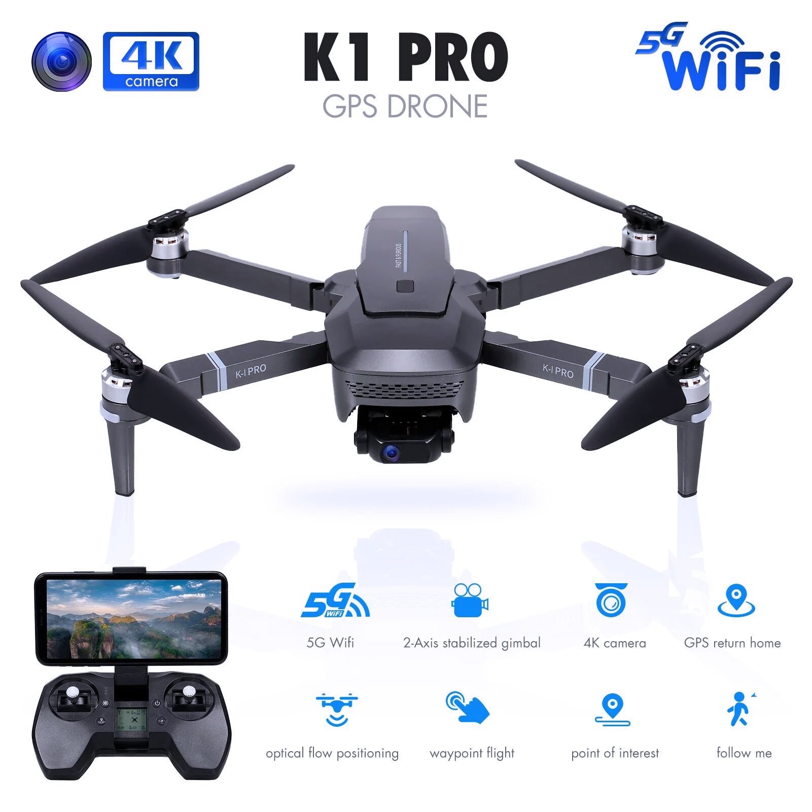 Drone RC GPS Caméra HD 4K Gimbal 2 Axes WiFi FPV